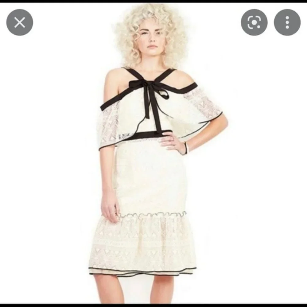 Adelyn Rae Cream Ivory Black Crochet Lace Halter Off The Should Dress.  SZ S - Picture 2 of 2